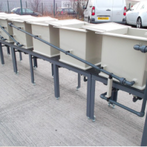 Complete small process line including tanks – galvanised and powder coated finish mounting frame and drainage pipework