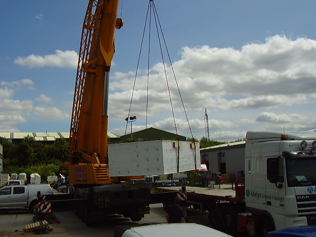 Dog Hydrotherapy Pool being lowered onto a lorry for transportation. 