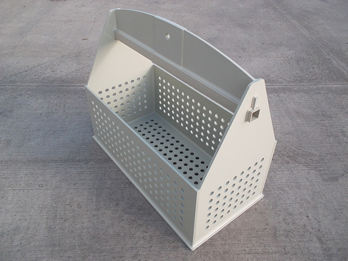 Polypropylene acid dipping basket for aircraft components.